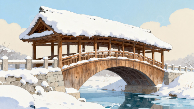 高清大图下载【趣麦麦图】雪覆古桥流水静谧冬景