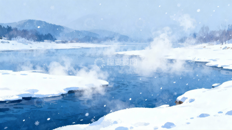高清大图下载【趣麦麦图】雪景河流雾气缭绕