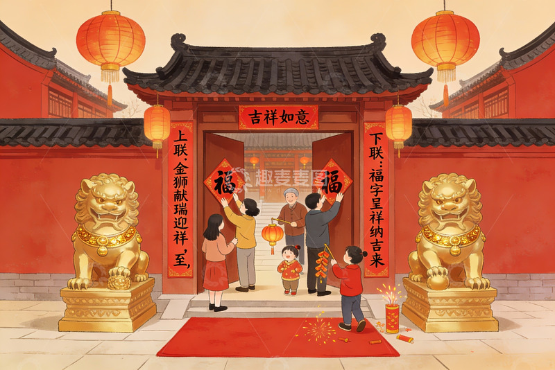 高清大图下载【趣麦麦图】春节家庭团聚传统建筑门前