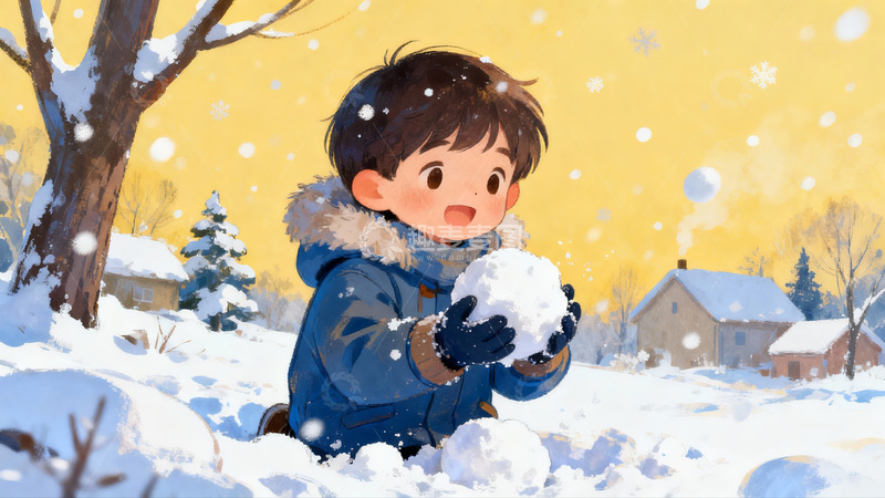 高清大图下载【趣麦麦图】雪地男孩玩雪球欢乐冬景
