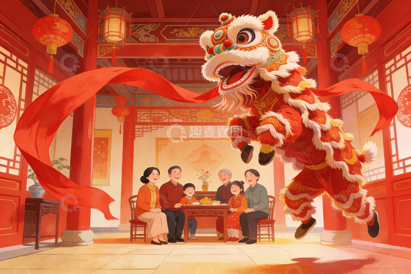 高清大图下载【趣麦麦图】春节舞狮家庭团聚欢乐场景