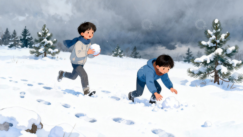 高清大图下载【趣麦麦图】雪地玩耍的两个男孩