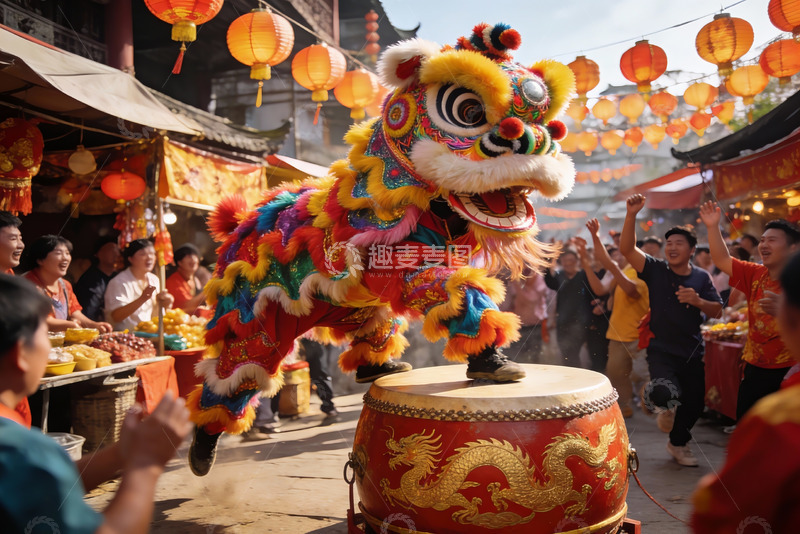 高清大图下载【趣麦麦图】热闹街市舞狮表演