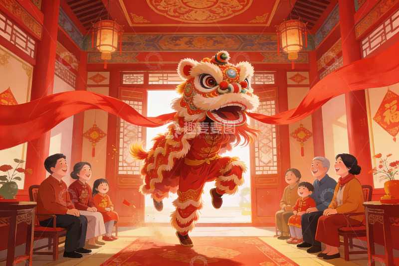 高清大图下载【趣麦麦图】春节舞狮家庭欢聚场景