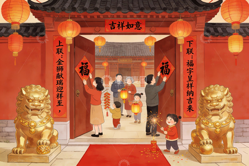 高清大图下载【趣麦麦图】春节家庭贴福字迎新年