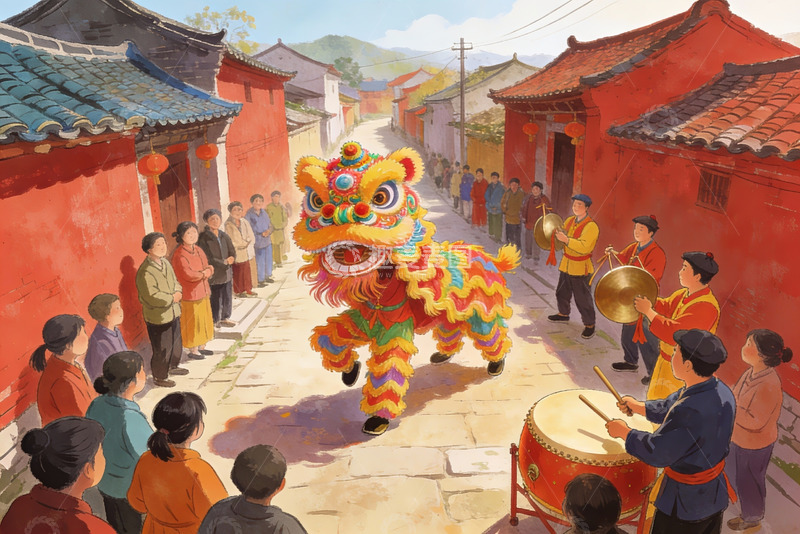 高清大图下载【趣麦麦图】传统舞狮表演热闹街巷