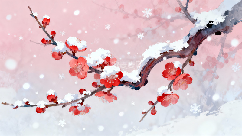 高清大图下载【趣麦麦图】雪中红梅绽放