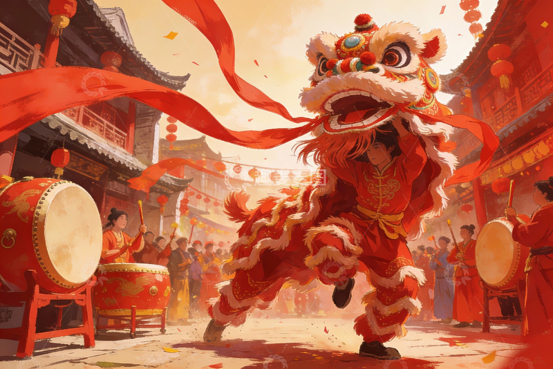 高清大图下载【趣麦麦图】舞狮表演热闹非凡