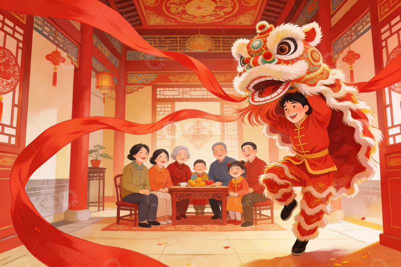 高清大图下载【趣麦麦图】春节舞狮家庭团聚欢乐场景