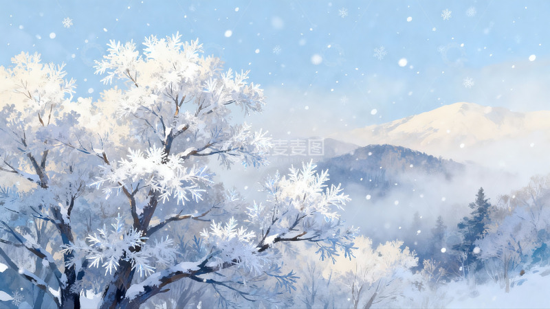 高清大图下载【趣麦麦图】雪覆树枝山雾缭绕冬日美景