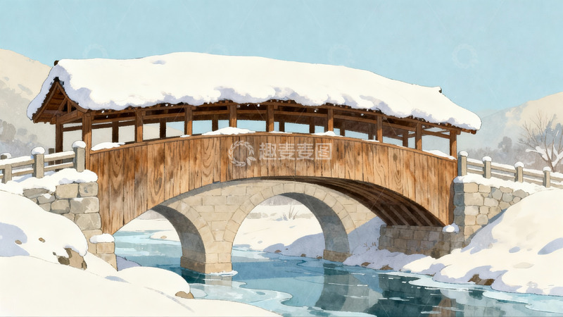 高清大图下载【趣麦麦图】雪覆木桥流水潺潺