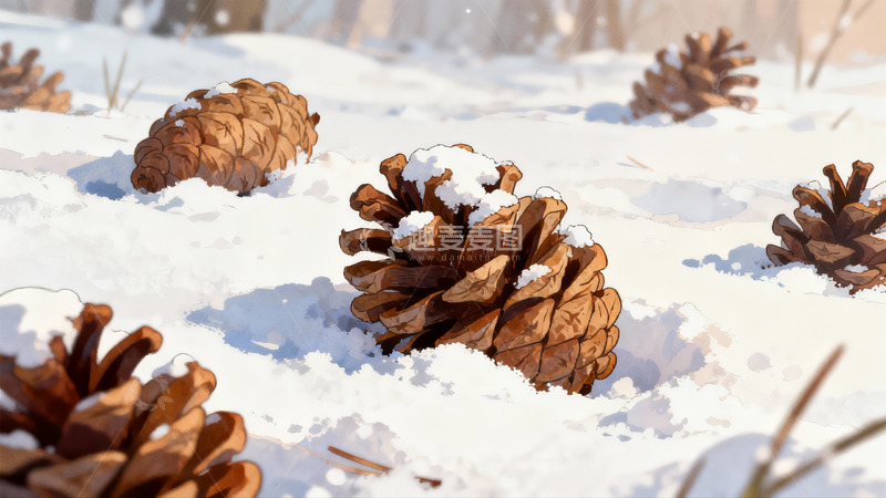 高清大图下载【趣麦麦图】雪地松果冬日静景