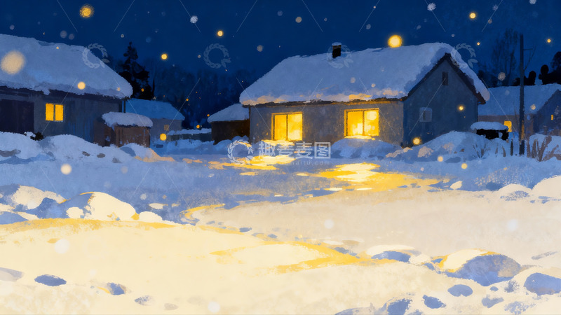 高清大图下载【趣麦麦图】雪夜灯火人家温馨场景