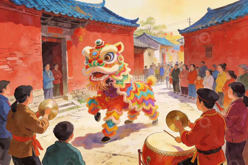 高清大图下载【趣麦麦图】传统舞狮表演热闹街巷