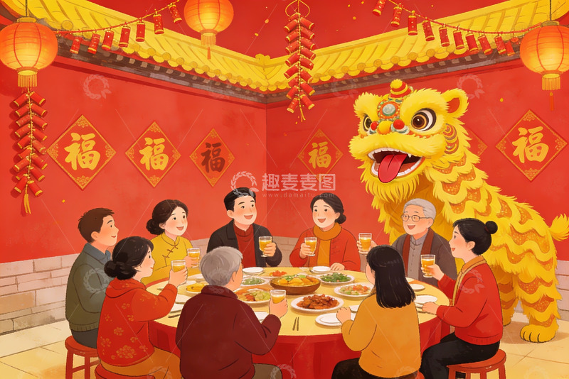 高清大图下载【趣麦麦图】春节团圆饭与舞狮庆祝