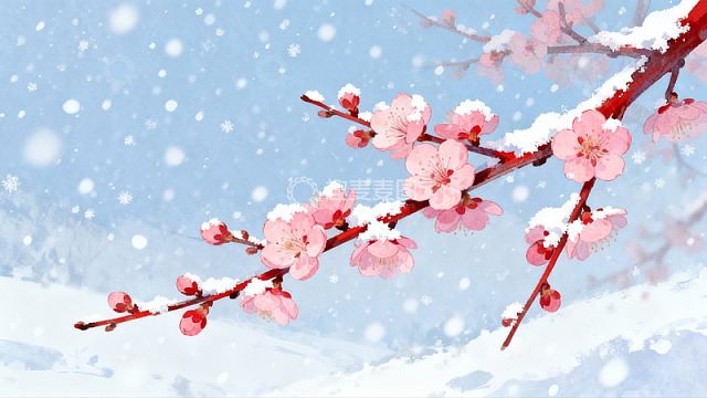 雪中绽放的粉色梅花