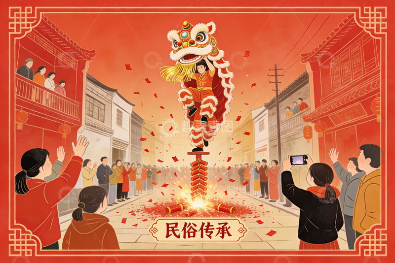 高清大图下载【趣麦麦图】舞狮表演热闹街景民俗传承