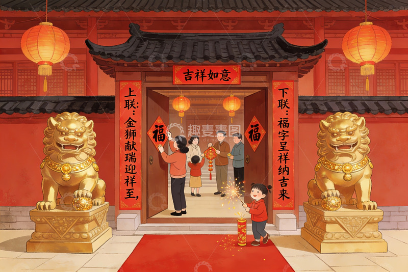 高清大图下载【趣麦麦图】新年家庭欢聚传统建筑前