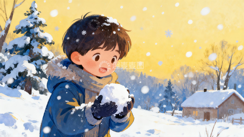高清大图下载【趣麦麦图】雪地男孩捧雪欢乐冬景