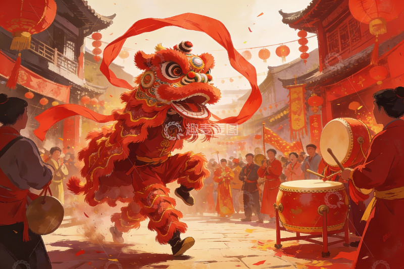 高清大图下载【趣麦麦图】热闹街市舞狮表演欢庆场景