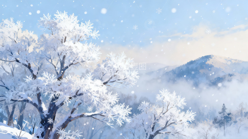 高清大图下载【趣麦麦图】雪覆树枝雾绕山峰冬日美景
