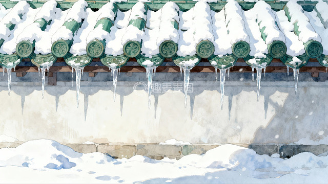 雪覆古建筑屋檐冰凌挂
