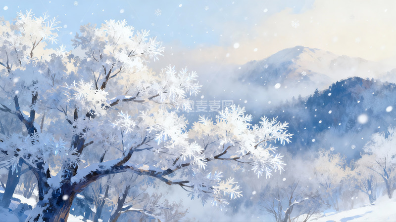 高清大图下载【趣麦麦图】雪覆树枝山雾缭绕冬日美景