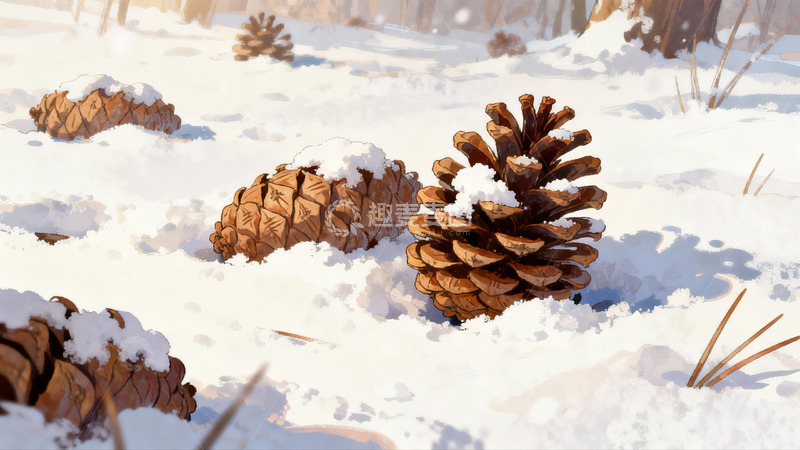 高清大图下载【趣麦麦图】雪地松果冬日静景