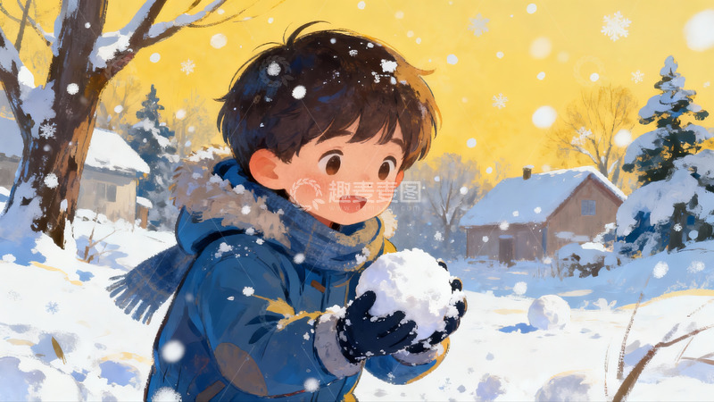 高清大图下载【趣麦麦图】雪地男孩玩雪球欢乐场景