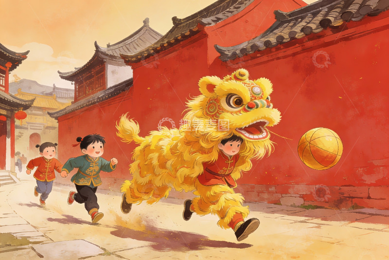 高清大图下载【趣麦麦图】儿童舞狮欢庆节日场景