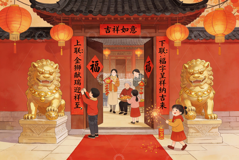 高清大图下载【趣麦麦图】春节家庭团聚门口挂灯笼