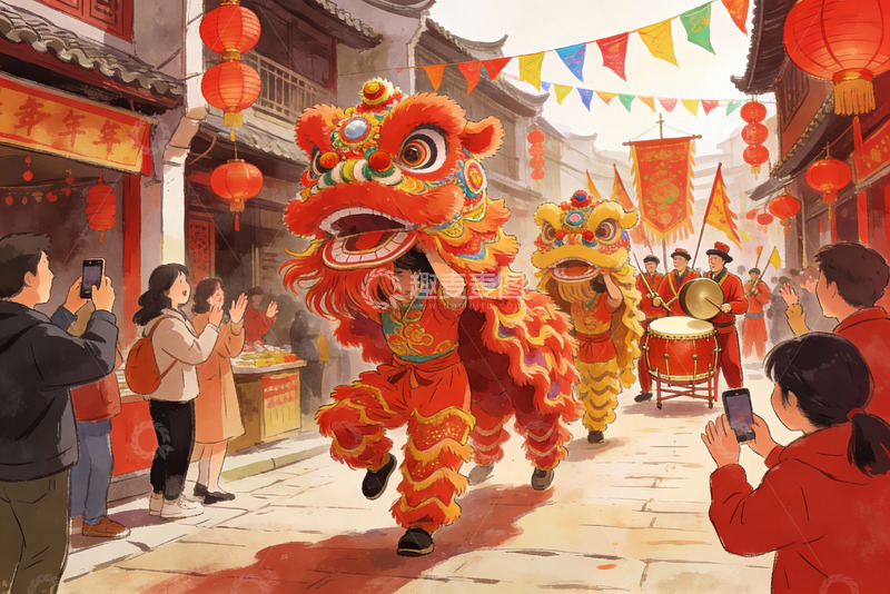 高清大图下载【趣麦麦图】舞狮表演热闹街景