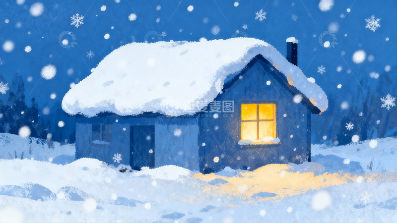 高清大图下载【趣麦麦图】雪夜小屋灯火温暖