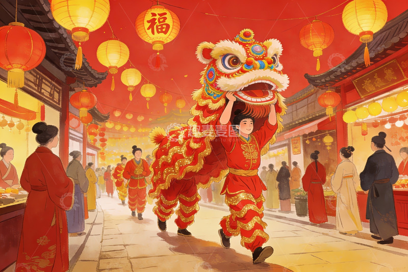 高清大图下载【趣麦麦图】春节舞狮热闹街景