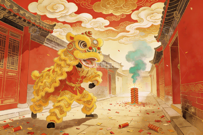 高清大图下载【趣麦麦图】舞狮烟花庆新春