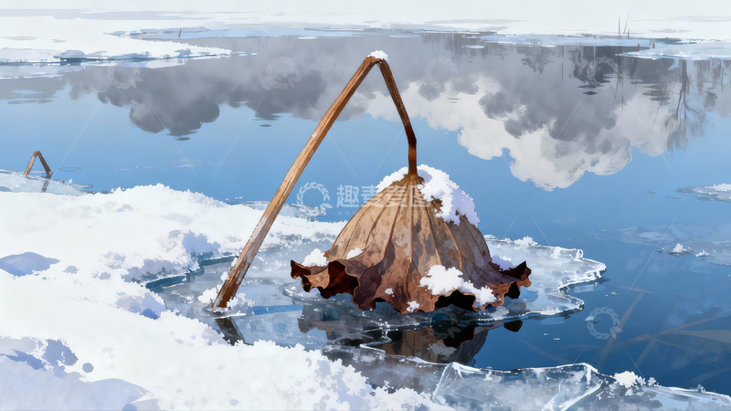 高清大图下载【趣麦麦图】冰封荷塘枯叶静