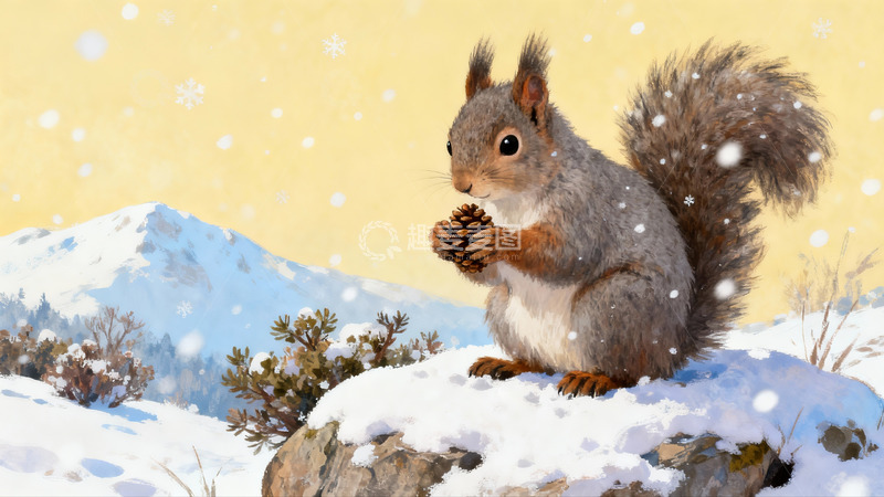 高清大图下载【趣麦麦图】松鼠雪地抱松果