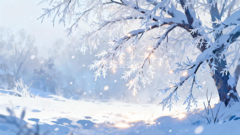 高清大图下载【趣麦麦图】雪覆树枝冬日静谧景象
