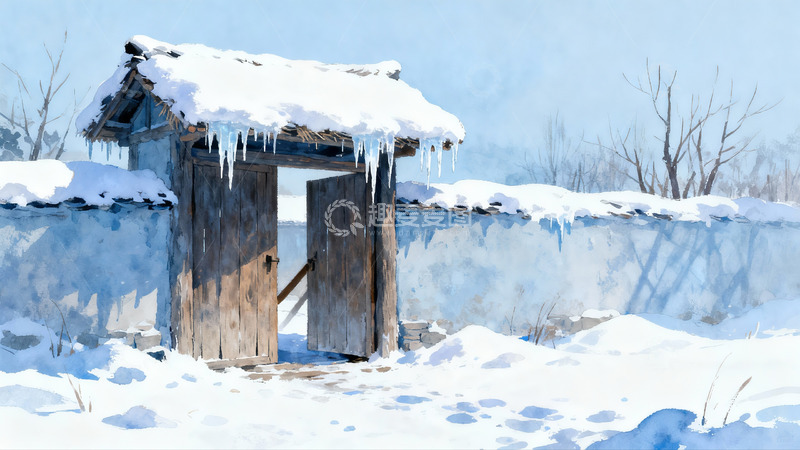 高清大图下载【趣麦麦图】雪覆古门院墙冬景画