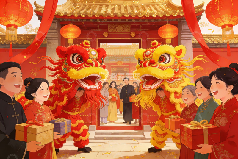 高清大图下载【趣麦麦图】春节舞狮迎宾热闹场景