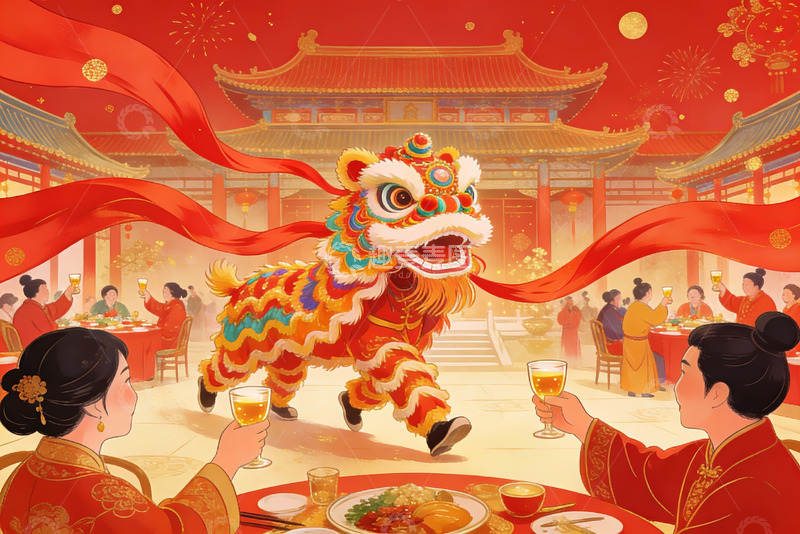 高清大图下载【趣麦麦图】春节舞狮宴饮欢乐场景