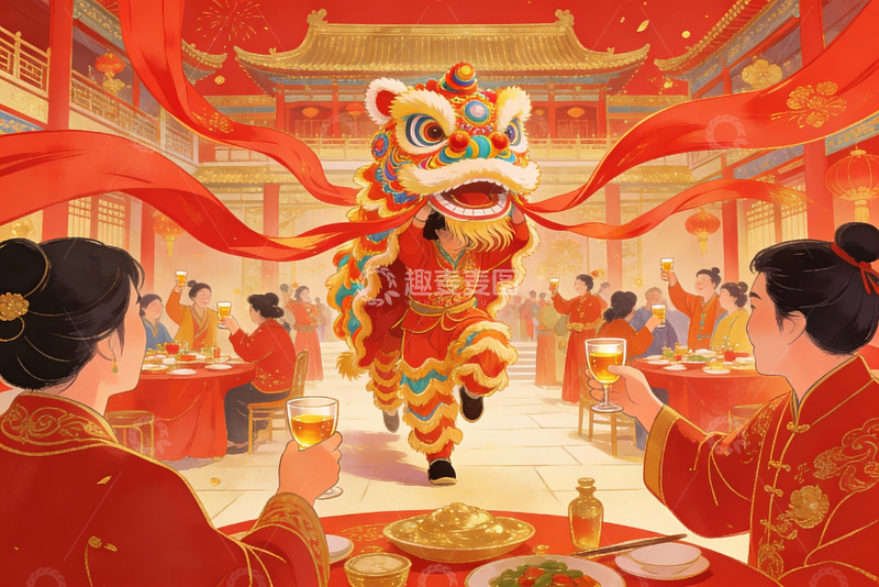 高清大图下载【趣麦麦图】春节舞狮宴饮热闹场景
