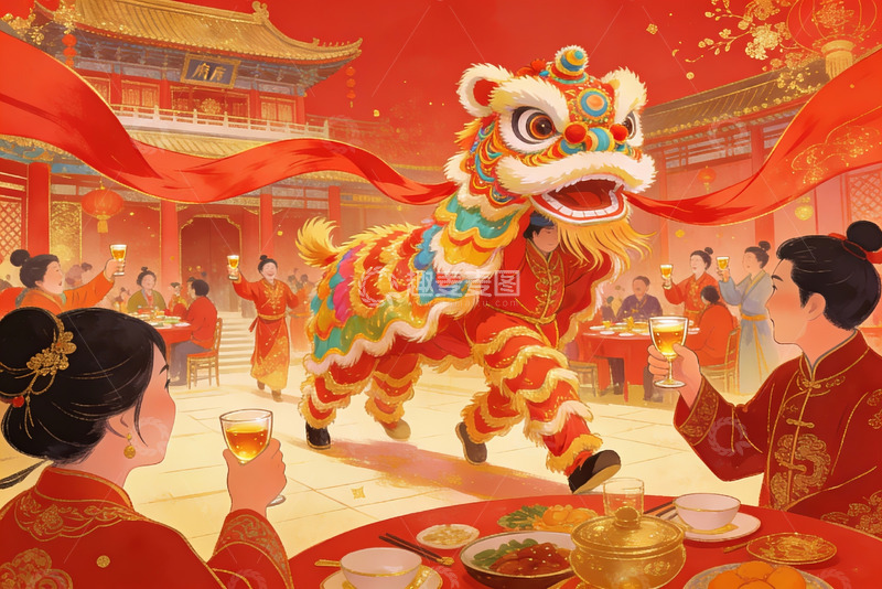 高清大图下载【趣麦麦图】春节舞狮欢庆场景
