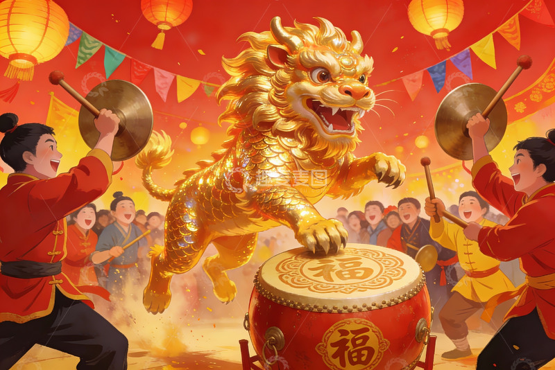 高清大图下载【趣麦麦图】舞狮欢庆节日热闹场景