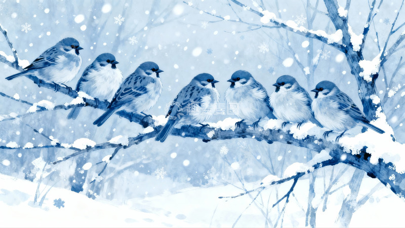 高清大图下载【趣麦麦图】雪中树枝上的小鸟群