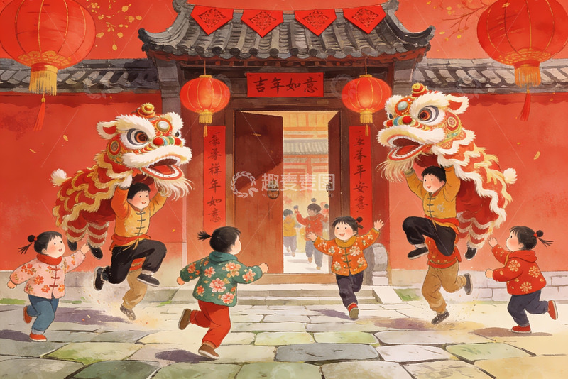 高清大图下载【趣麦麦图】儿童舞狮欢庆节日场景