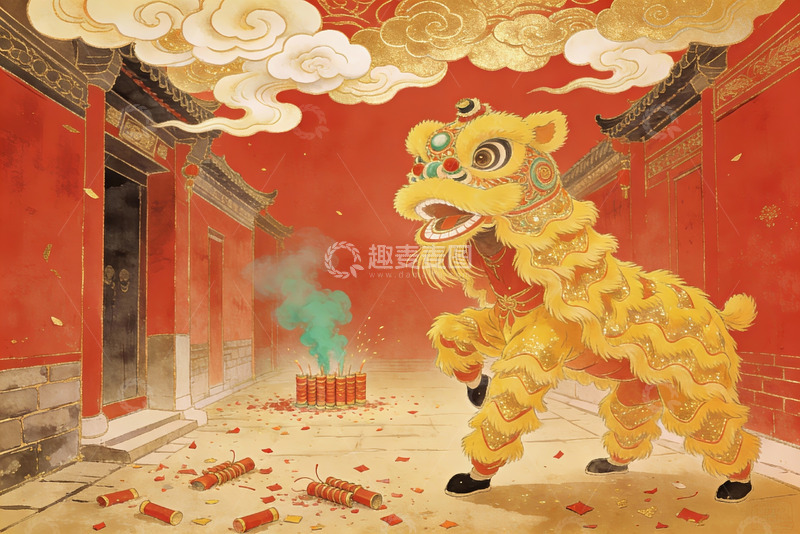 高清大图下载【趣麦麦图】传统舞狮庆祝节日场景