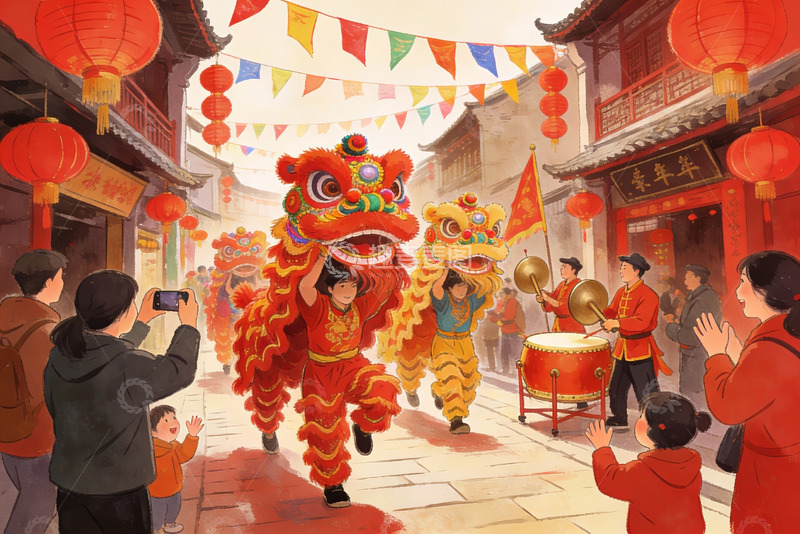 高清大图下载【趣麦麦图】舞狮表演热闹街景