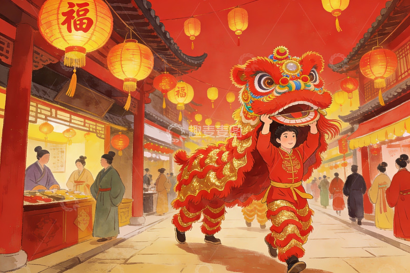 高清大图下载【趣麦麦图】春节舞狮热闹街景