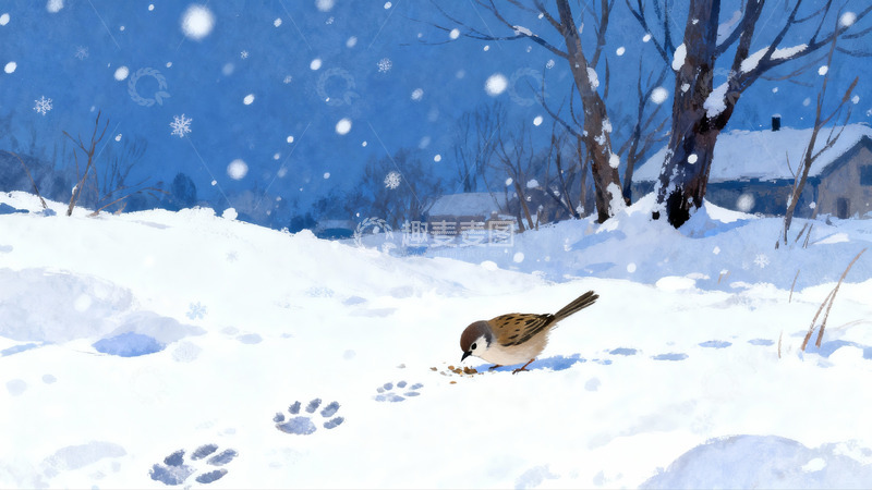高清大图下载【趣麦麦图】雪地小鸟觅食冬日静谧景象
